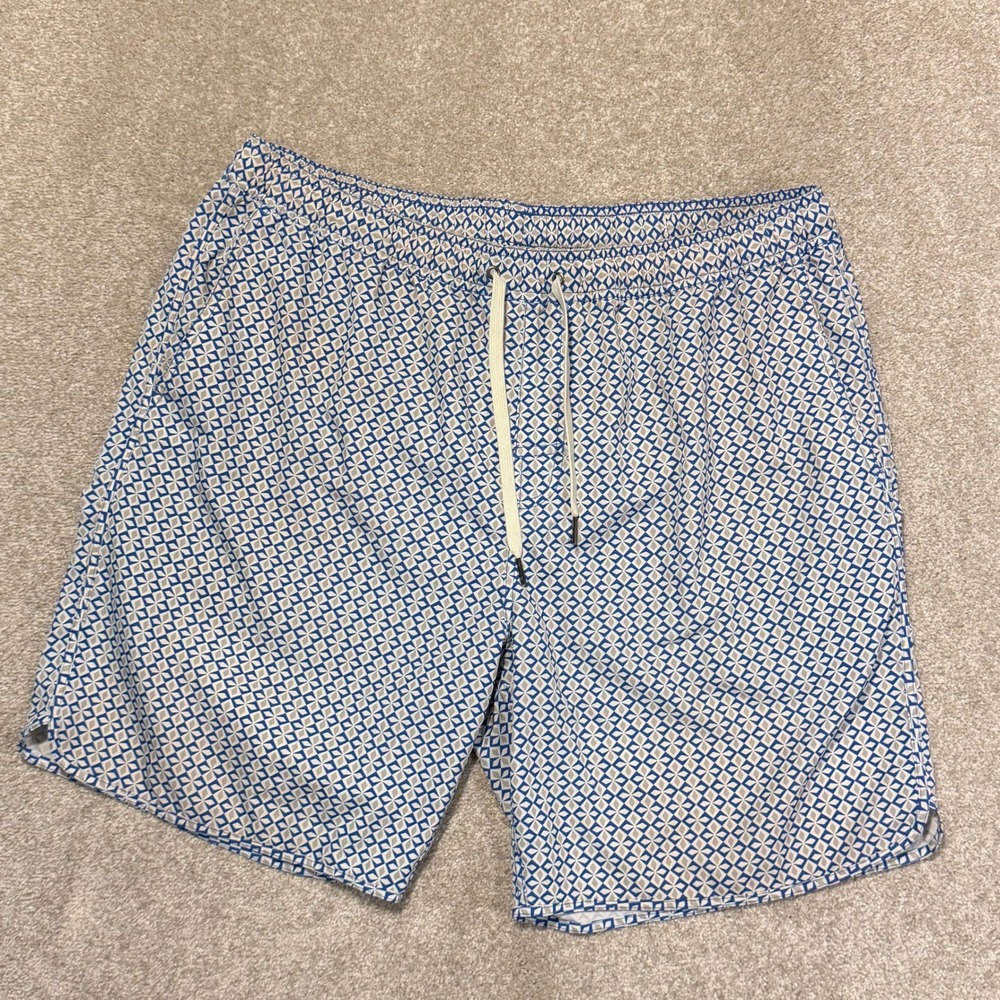 Fair Harbor Blue and White Geometric Swim Trunks